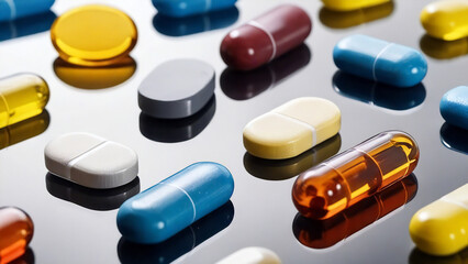 closeup of multicolored pills on smooth surface