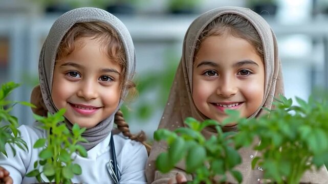 Little girls from different ethnic backgrounds learning science in the classroom while donning a headdress, a white ground suit, and a stethoscope to study plants