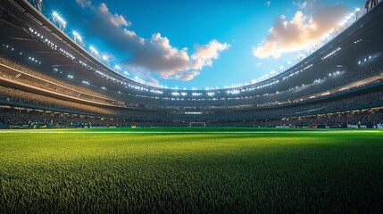 A large empty stadium with fans shouting enthusiastically before the match. Brightly lit lawn ready for the game.