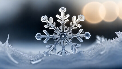 detailed snowflake in frost, closeup with sun rays refracting on ice