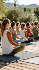 Outdoor Group Yoga Session at Sunrise in Serene Setting.