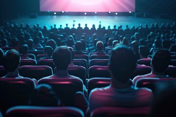 Spectators seated in a theater with dark purple lighting watching a live event