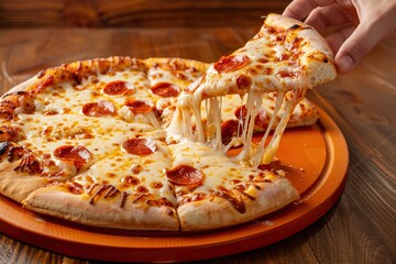 Hand pick up a slice of pizza with melted cheese and pepperoni toppings