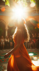 Fototapeta premium Vibrant flamenco dance performance with flowing dress and sunlight.