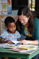 Fototapeta premium A primary school teacher helping a young student with reading, sitting together at a small table with books open