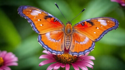 Orange and blue butterfly sitting on a pink flower, macro view