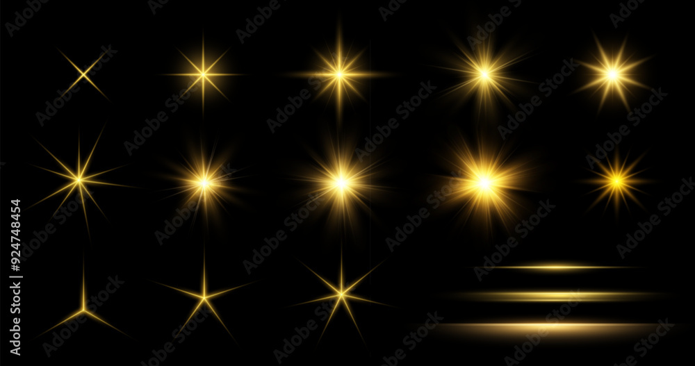 Poster gold glow lighting star. collection of different light effects on black background. set of transpare
