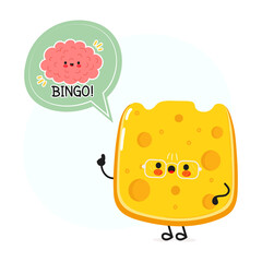 Cheese with speech bubble and brain character. Vector hand drawn cartoon kawaii character illustration. Isolated white background. Cheese poster and brain