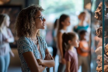 A teacher leading a field trip at a local museum, with students gathered around an exhibit, listening intently