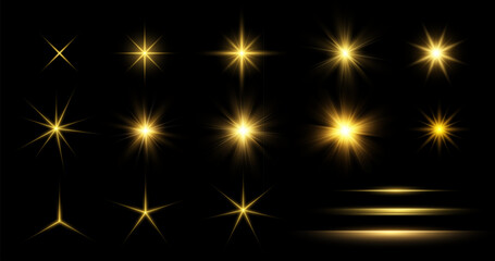Gold Glow lighting Star. Collection of different light effects on black background. Set of Transparent Sparkling stars. Realistic vector illustration © Maryna Stryzhak