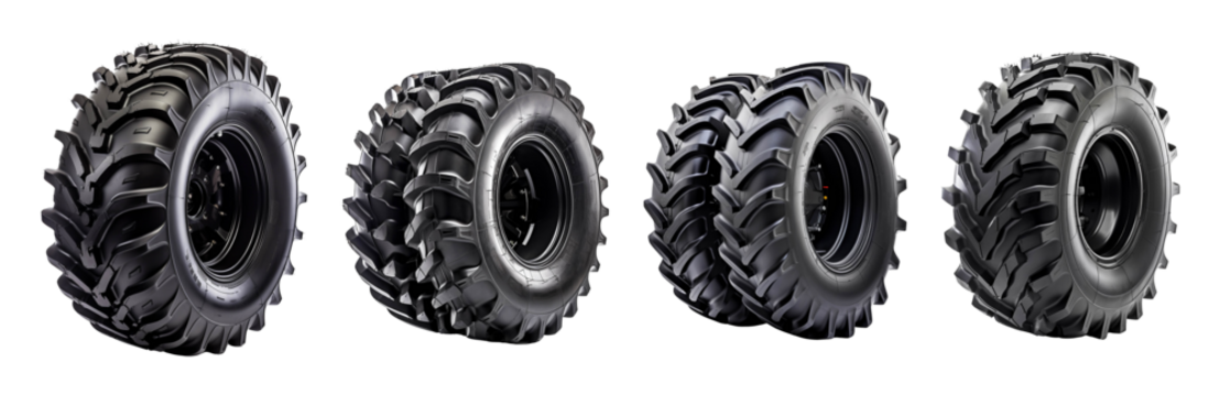 Collection of four different styles of tires showcasing various tread patterns, ideal for off-road vehicles and outdoor enthusiasts.