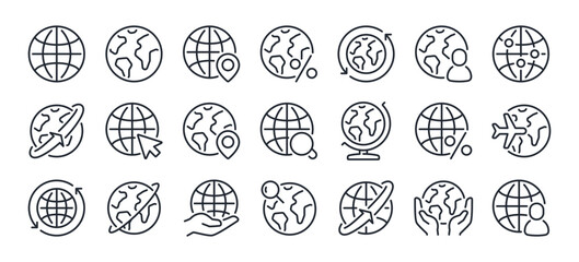 Globe and planet related editable stroke outline icons set isolated on white background flat vector illustration. Pixel perfect. 64 x 64. © lanastace