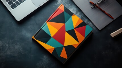 Modern psychology book with abstract geometric cover art, lying on a desk with research notes and a laptop