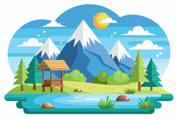 Obraz premium A scenic landscape with a wooden gazebo nestled among mountains, trees, and a river.