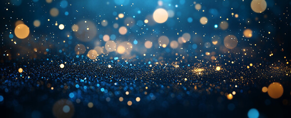 Vibrant blue abstract background with sparkling shimmering golden particles lights, golden particles concept.