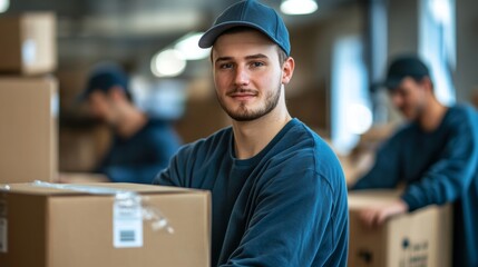 Group of Movers Pack Boxes for Delivery to Residential House, Generative AI