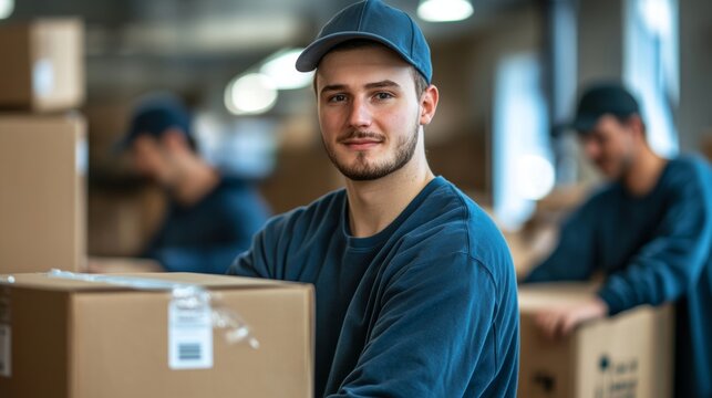 Group of Movers Pack Boxes for Delivery to Residential House, Generative AI