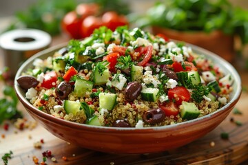 A vibrant quinoa salad with vegetables, herbs, and feta cheese, served in a rustic bowl.