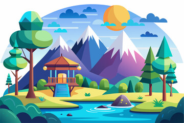 A Picturesque Mountain Landscape with a Pavilion and a Stream