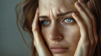 Fototapeta premium Close-up portrait of a sad woman with blue eyes holding her head in her hands. Depression, anxiety, loneliness concept. Portrait for psychology, medicine, blog