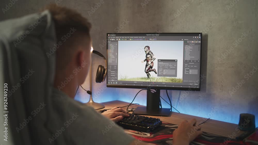 Poster Young designer creates 3D model and animation of game character using computer. Interface of professional 3D modeling software. Teen boy working on freelance project on PC at home. Game development.