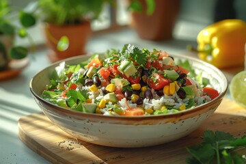 A vibrant salad bowl featuring fresh vegetables, beans, and herbs, perfect for healthy eating.