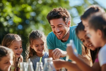 Fototapeta premium A teacher conducting a hands-on science experiment outdoors, with students gathered around, excitedly observing the results