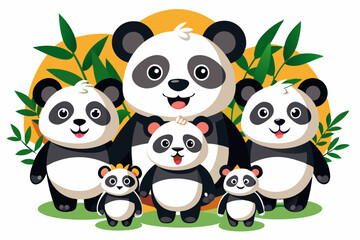 Naklejka premium A Family of Five Adorable Pandas Standing Together in a Green Forest