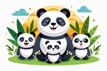 Fototapeta premium A Family of Four Adorable Pandas in a Green Forest Setting