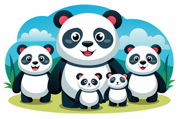 A Family of Four Cute Pandas Standing on Green Grass