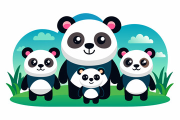 Naklejka premium A Family of Four Cute Pandas Standing in a Grassy Meadow