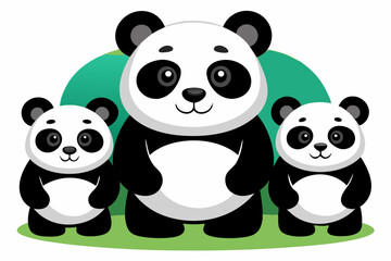 Fototapeta premium A Family of Three Pandas Standing on Green Grass