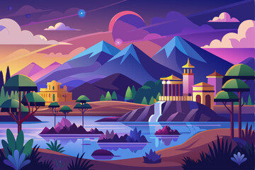 Naklejka premium Fantasy Landscape with a Waterfall and a Castle in the Mountains