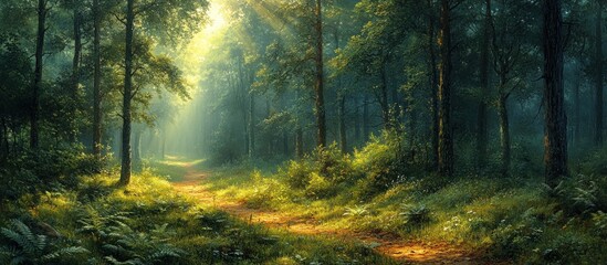 Naklejka premium Sunlight Filtering Through a Forest Path