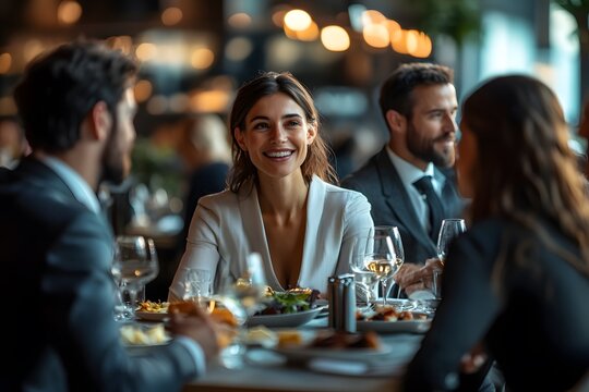 A group of elegant professionals engaged in lively conversation over a shared meal at a sleek, modern restaurant. The ambiance is warm and inviting
