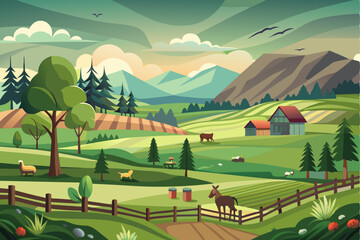 Rural Farm Landscape with Mountains, Animals, and a Wooden Fence