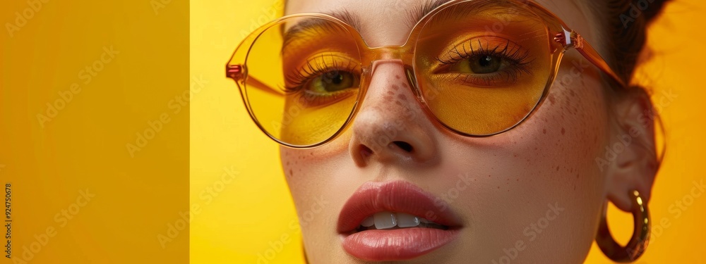 Wall mural Close-up of a woman wearing stylish yellow sunglasses