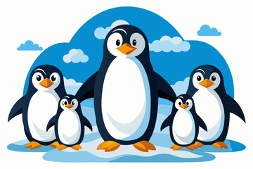 Naklejka premium Five Cartoon Penguins Standing on Ice Against a Blue Sky Background