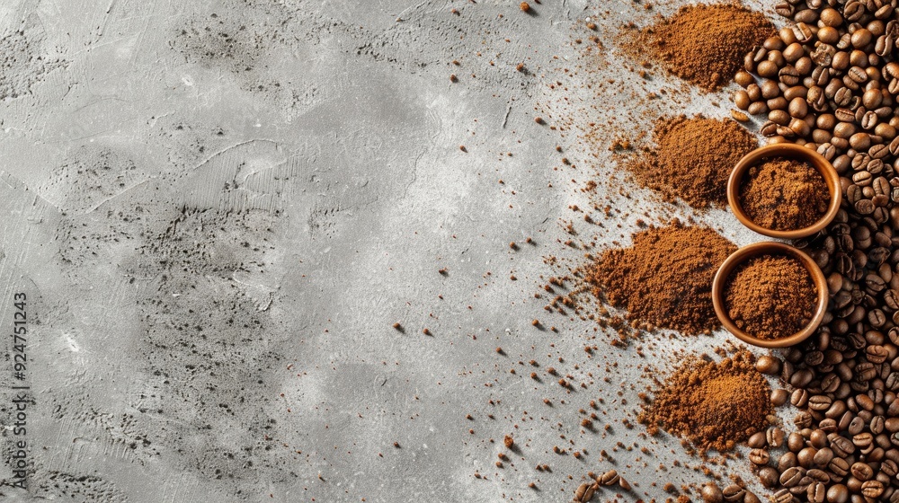 Poster coffee beans and ground coffee placed on gray surface with empty space above view