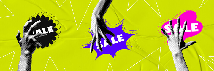 Three hands reaching for speech bubbles saying sale on bright yellow background with abstract design elements. Contemporary art collage. Concept of Black Friday and Cyber Monday, sales, shopping