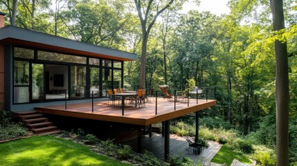 Obraz premium Modern home with a wooden deck and patio overlooking a lush green forest.