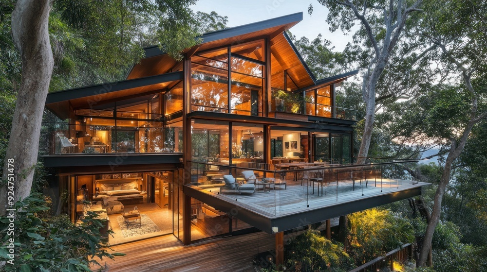 Sticker Modern glass and wood house with a large deck overlooking a forest.