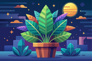 Potted Plant with Colorful Leaves on a Rooftop at Night