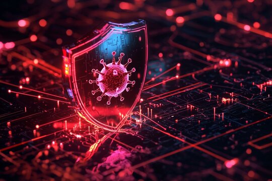 A shield with a virus icon being scanned by a laser grid, symbolizing deep antivirus scanning. 