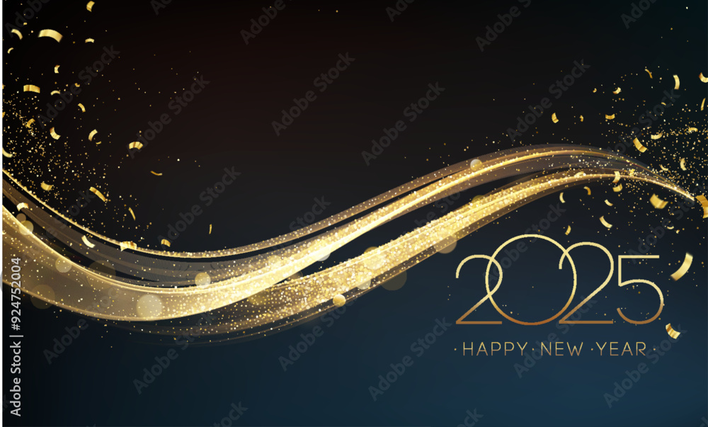 Poster 2025 happy new year abstract shiny gold glitter wave with foil confetti design element