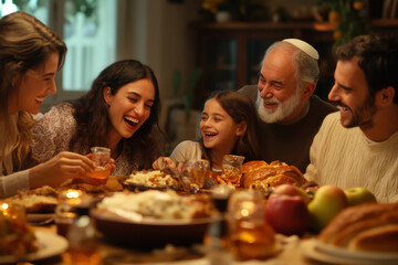 Scene dedicated to the Jewish holiday Rosh ha-Shanah: Close-up of honey being drizzled onto a sliced apple, with warm, blurred bokeh lights in the background, creating a cozy atmosphere.
