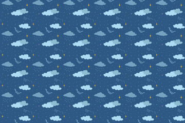 Clouds, rain, wind and stars cute seamless pattern in doodle style on dark background. Vector illustration design for fabric, prints, cards, banners 