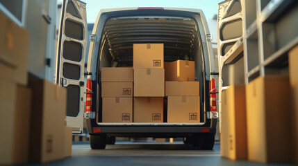  A 3D illustration depicting a stack of cardboard boxes positioned near the open rear door of a cargo van. This visual emphasizes the process of cargo distribution and transportation, 