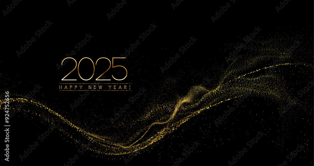 Poster 2025 happy new year abstract shiny gold wave with glitter design element