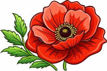 Cartoon Red Poppy with Green Stem and Leaves